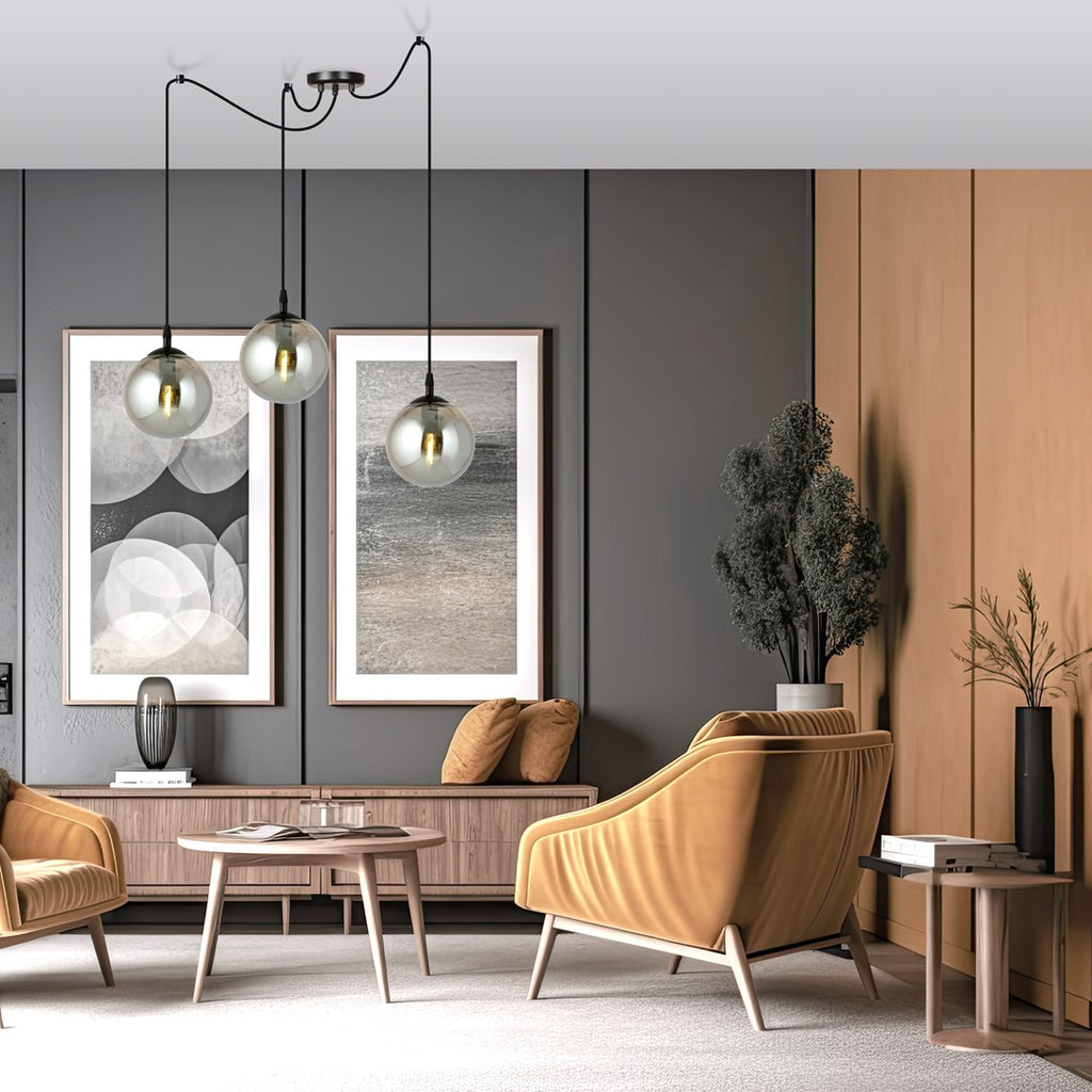 Hanglamp 3 lichts gepoedercoat staal en glas, modern Gigi, zwart met grafiet glazen kappen Ø 14 cm