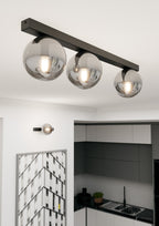 Plafondlamp gepoedercoat staal Fit 3 zwart met grafiet glazen kappen, 70 cm breed, voor woonkamer of keuken