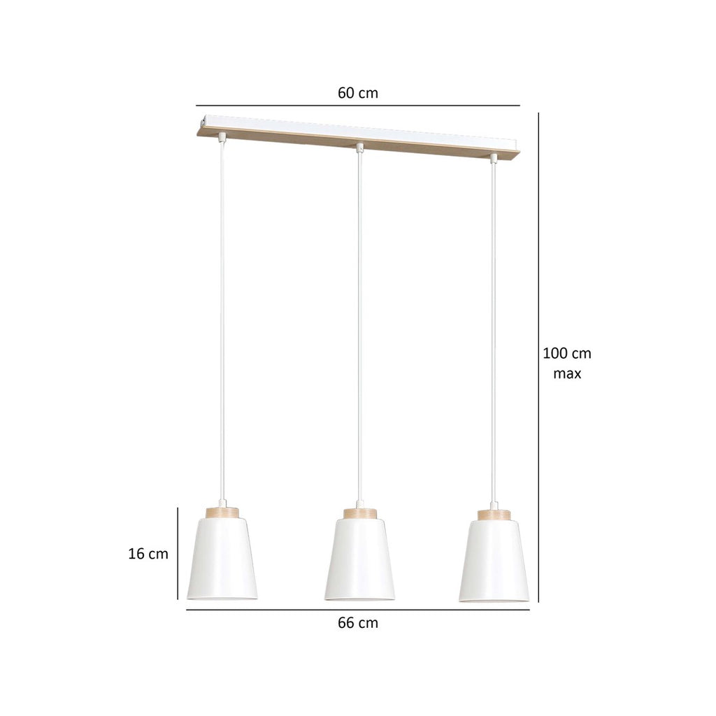 Hanglamp 3-lichts gepoedercoat staal en hout Bolero, wit Scandinavisch, 66 x 100 cm, woonkamer