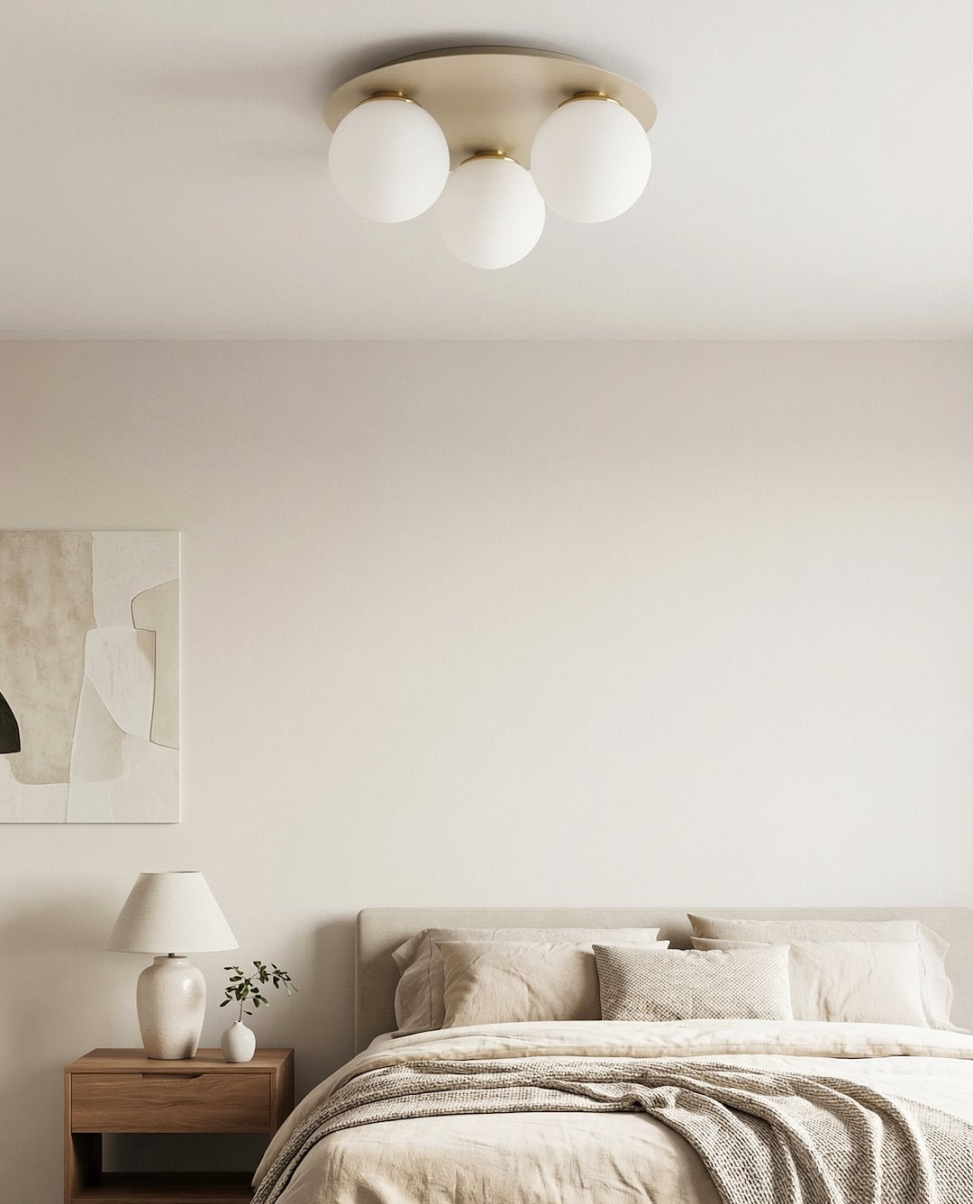 Plafondlamp Solar 3 gepoedercoat staal en glas, modern, beige met witte bollen Ø 14 cm, 3 lichtpunten E14