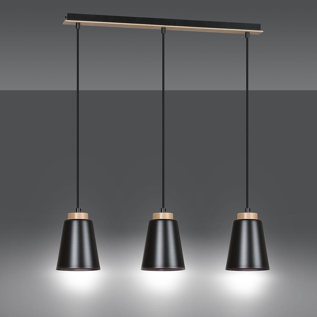 Hanglamp gepoedercoat staal en hout Bolero Scandinavisch zwart, 3 lichts, 66 x 100 cm voor woonkamer
