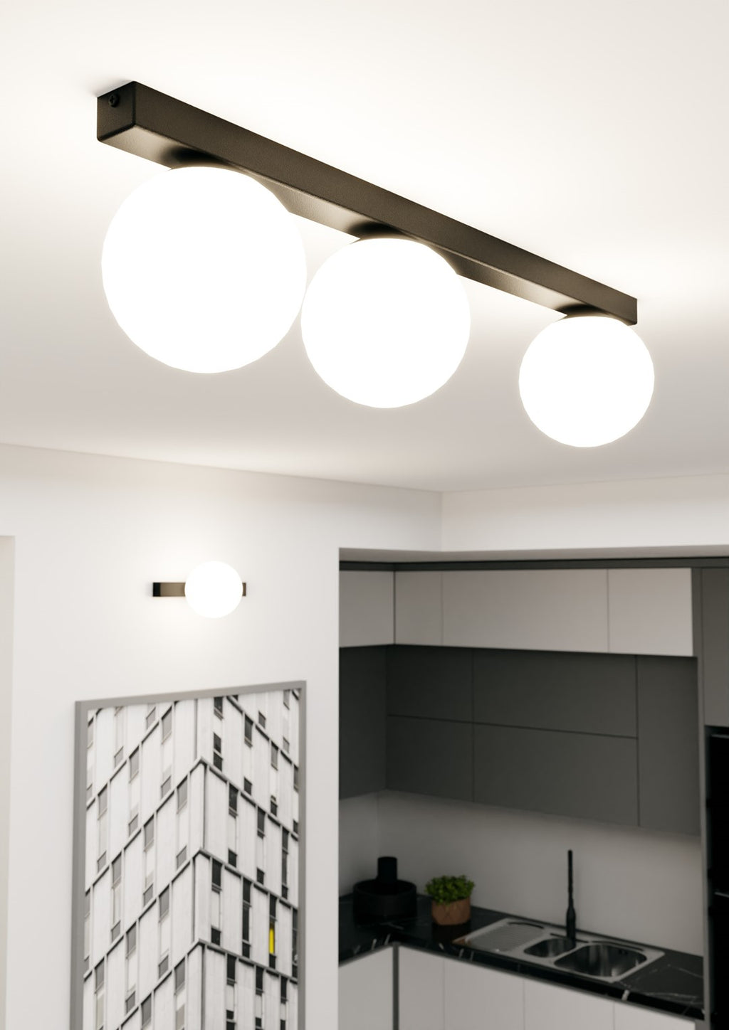 Plafondlamp gepoedercoat staal en glas Fit zwart met witte glazen kappen, 3 lichtpunten E14, 70 cm breed