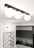 Plafondlamp gepoedercoat staal en glas Fit zwart met witte glazen kappen, 3 lichtpunten E14, 70 cm breed
