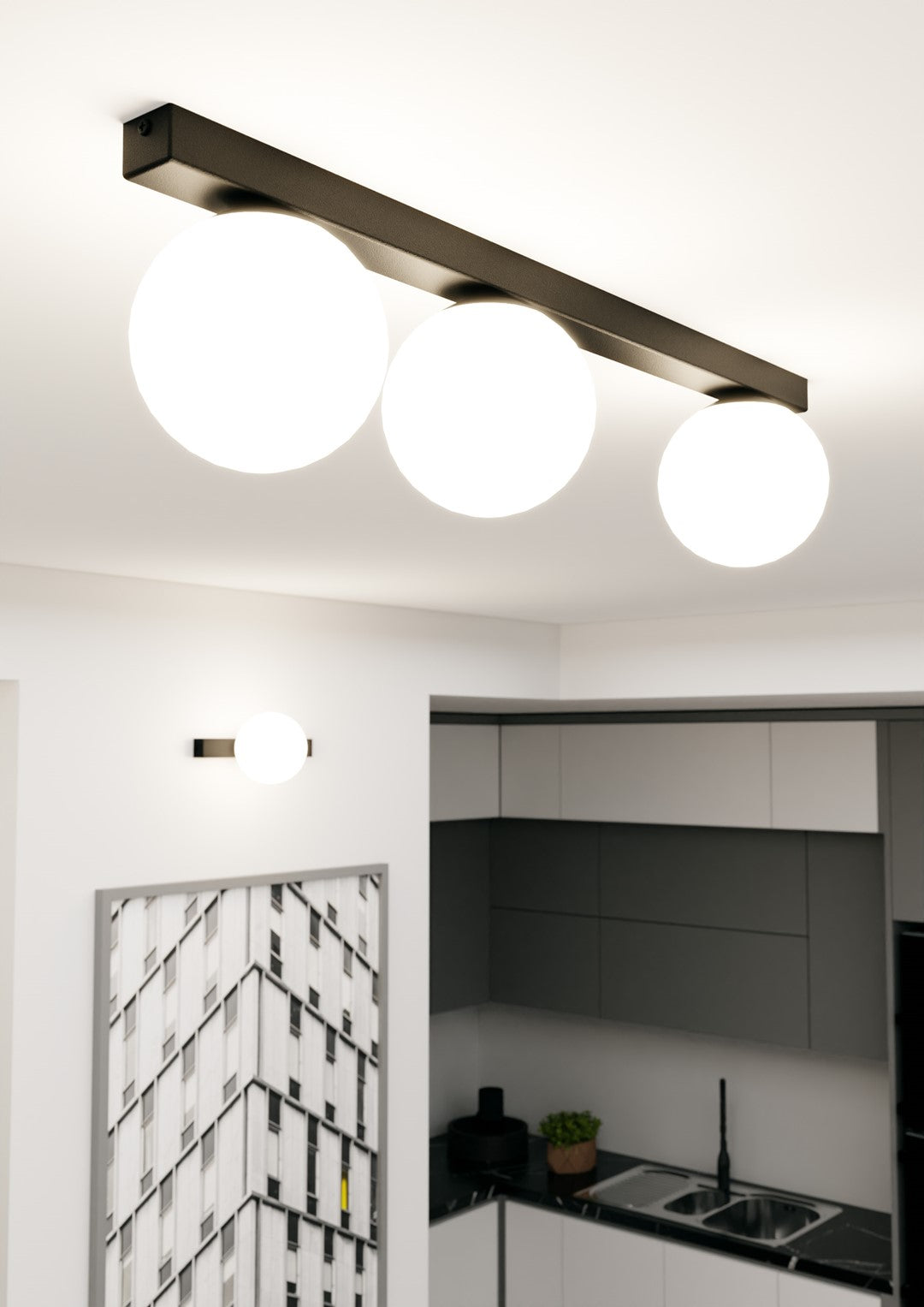 Plafondlamp gepoedercoat staal en glas Fit zwart met witte glazen kappen, 3 lichtpunten E14, 70 cm breed