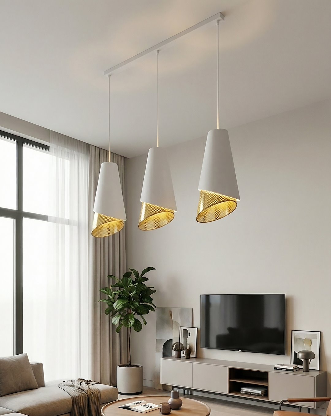 Hanglamp 3-lichts gepoedercoat staal met stoffen kap, modern, wit en goud, 95 cm, voor woonkamer en eetkamer