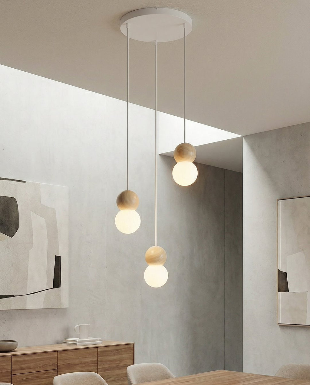 Hanglamp gepoedercoat staal hout, Scandinavisch Loop, wit, Ø 23 cm, 3 lichtpunten, eettafel en keukeneiland