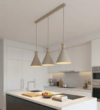 Hanglamp gepoedercoat staal en hout Scandinavisch beige, 3 fittingen E27 – 78 x 23 cm, boven eettafel of kookeiland