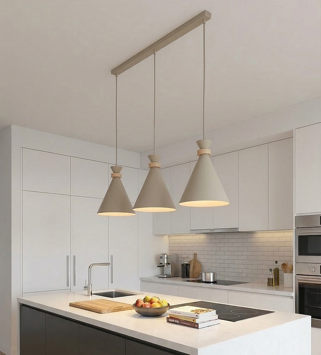 Hanglamp gepoedercoat staal en hout Scandinavisch beige, 3 fittingen E27 – 78 x 23 cm, boven eettafel of kookeiland