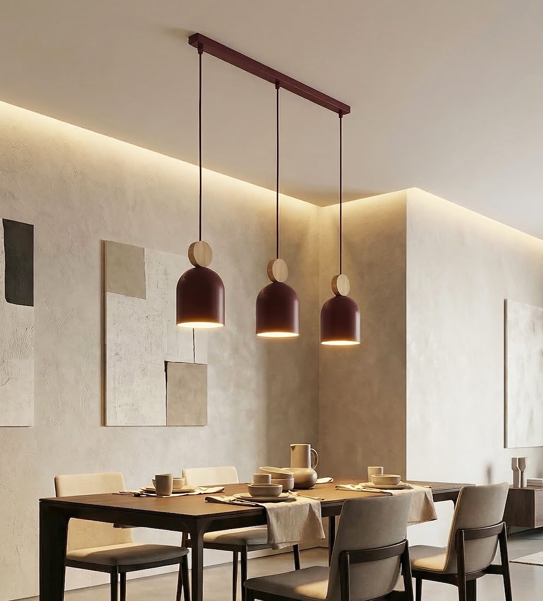 Hanglamp 3-lichts gepoedercoat staal met hout, Scandinavisch Mesi, bordeaux, 66 cm, voor keukeneiland