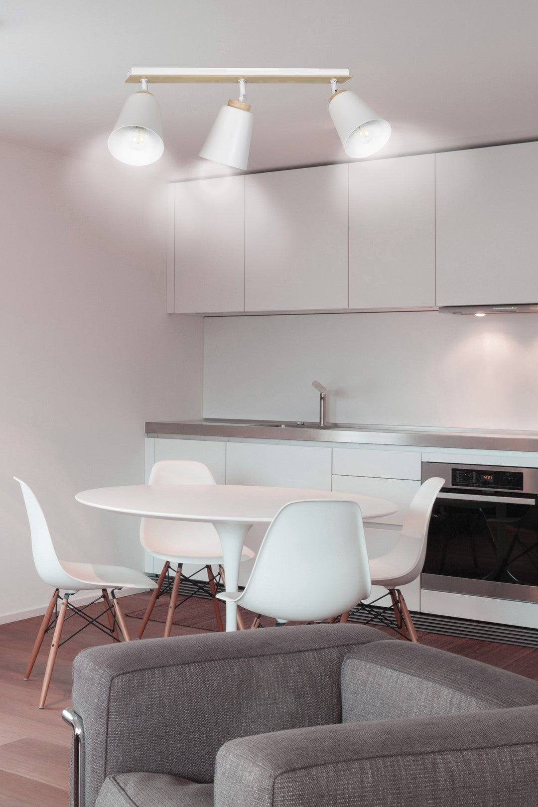 Plafondlamp 3 spots gepoedercoat staal en multiplex, Scandinavisch Atlas, wit met hout, voor lage plafonds