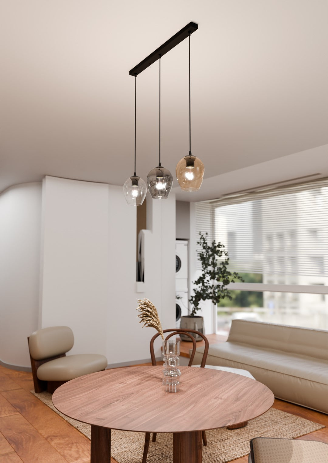 Hanglamp 3-lichts gepoedercoat staal en glas, Istar, zwart met amber, grafiet en transparant glas, 70 x 100 cm