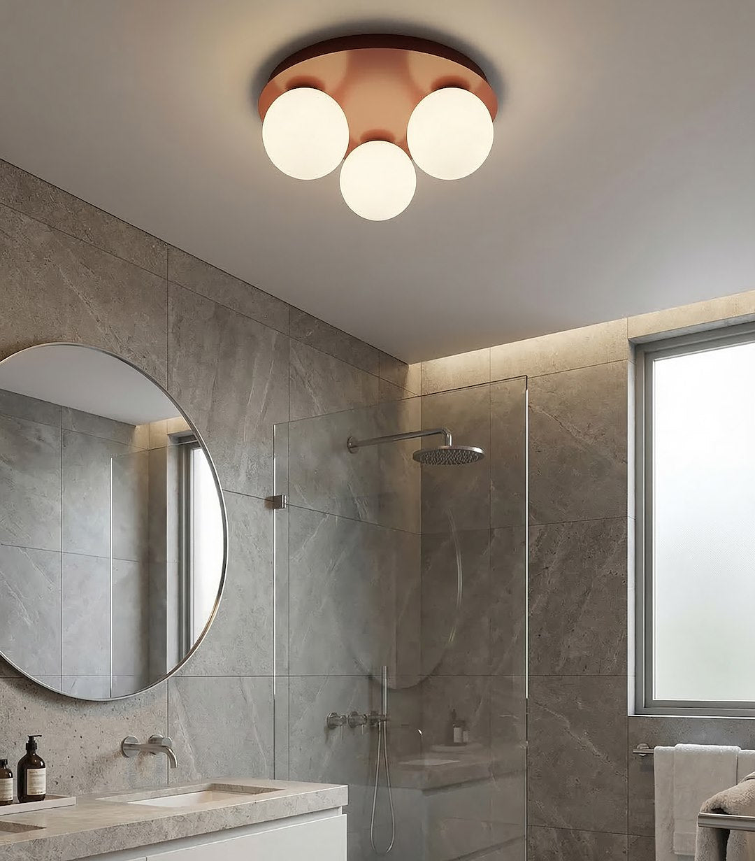 Plafondlamp gepoedercoat staal en glas Solar 3 lichts, bordeaux met witte glazen kappen Ø 43 cm