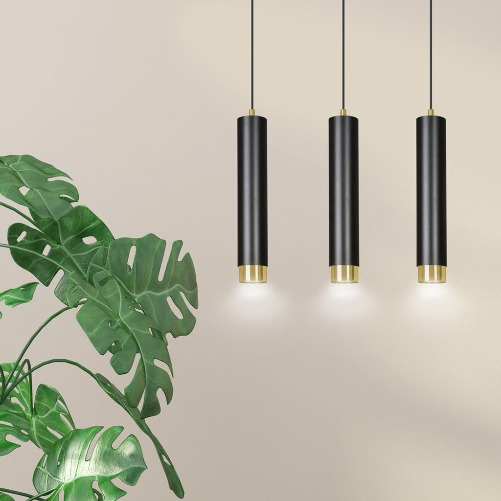 Hanglamp 3-lichts gepoedercoat staal modern zwart met gouden accenten, balk 45 cm, voor woonkamer en eethoek