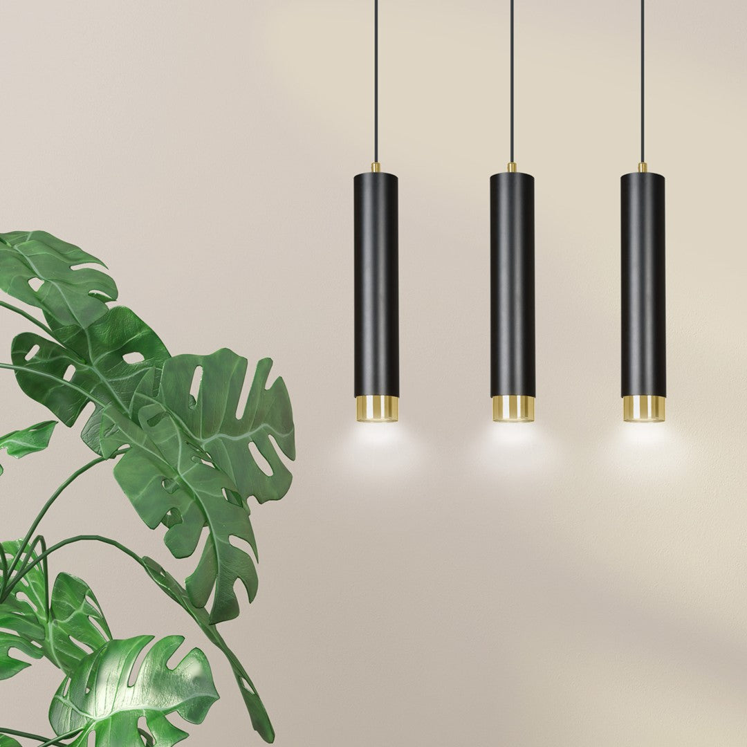 Hanglamp 3-lichts gepoedercoat staal modern zwart met gouden accenten, balk 45 cm, voor woonkamer en eethoek