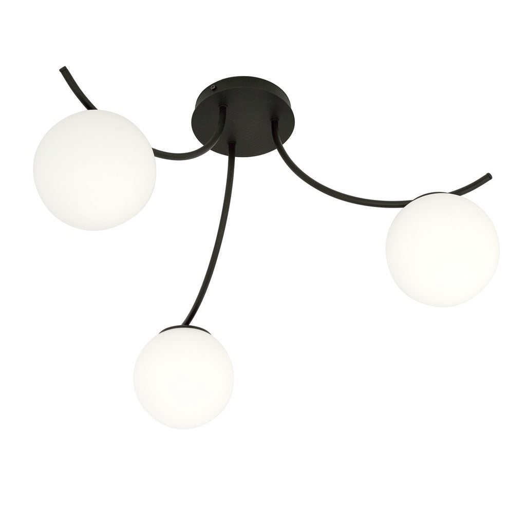 Plafondlamp gepoedercoat staal en glas Boston, zwart met wit glas, 3 lichtpunten E14, 70 cm breed