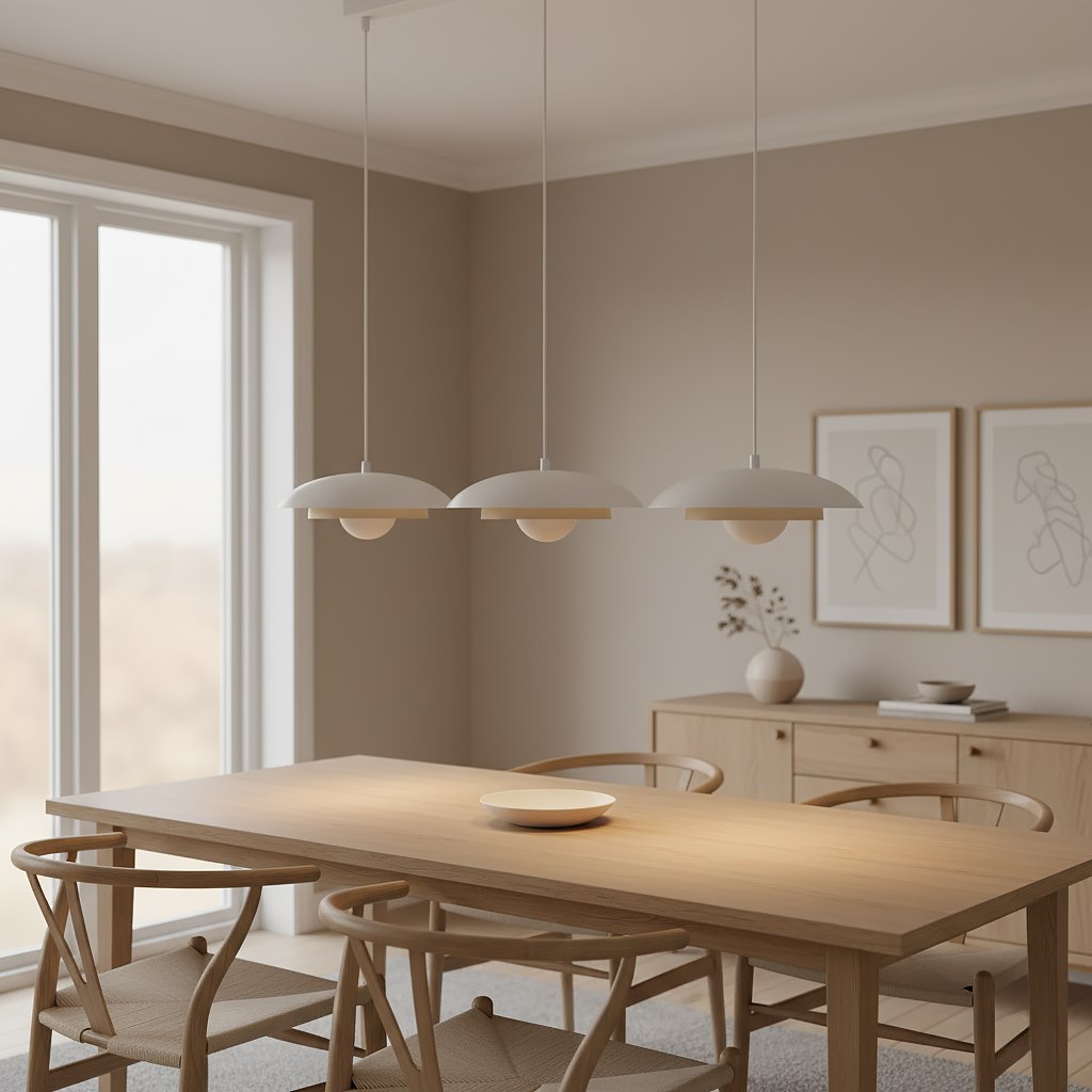 Hanglamp gepoedercoat staal Scandinavisch Skin wit mokka 95 x 30 x 120 cm, 3 lichtpunten voor boven de eettafel