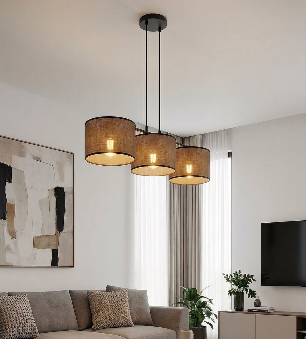 Hanglamp staal met stoffen kap Eco 3 lichts bruin zwart, 70 cm breed, eettafel en keukeneiland