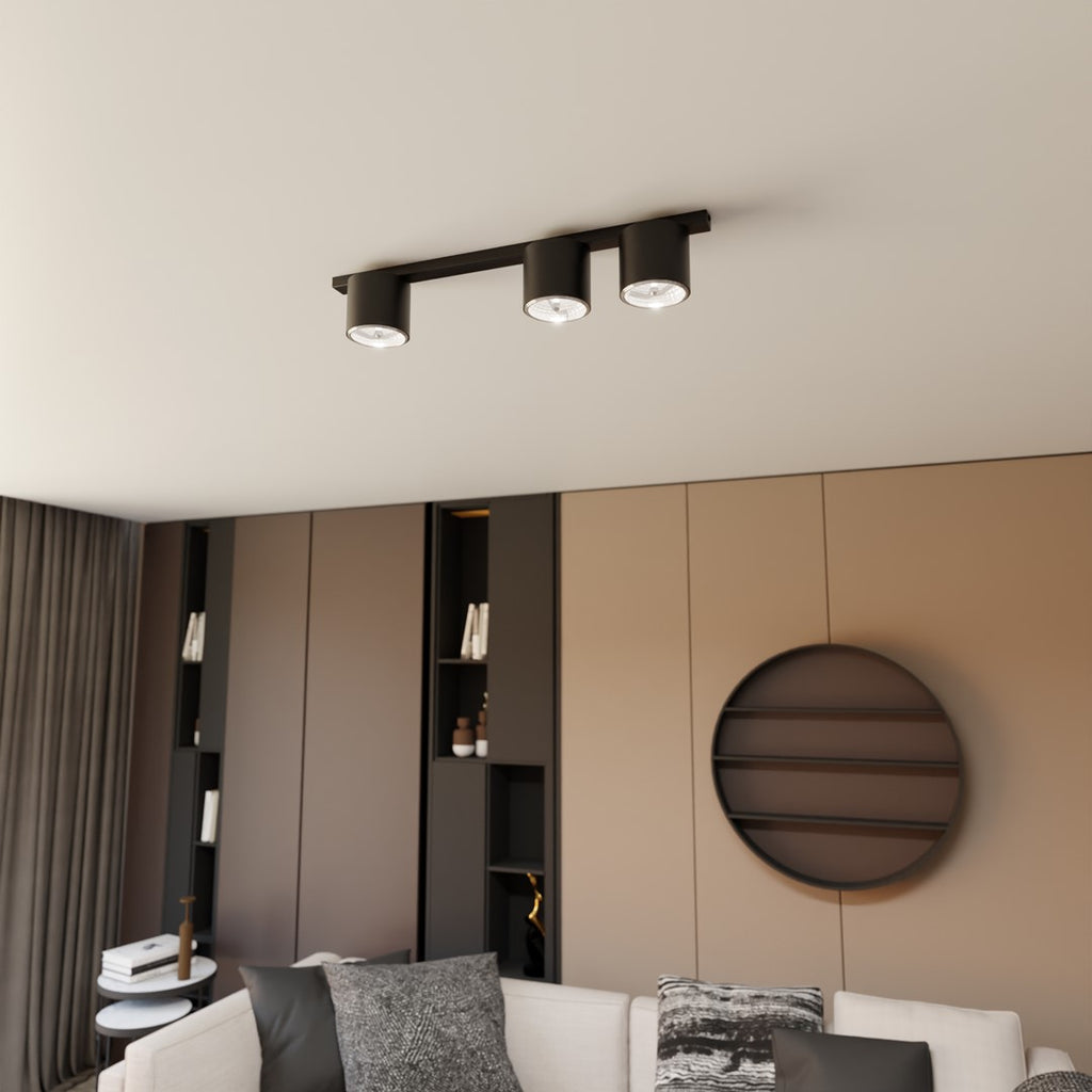 Plafondlamp staal minimalistisch Nano mat zwart, 3 spots, 70 cm breed, voor woonkamer, eetkamer en kantoor