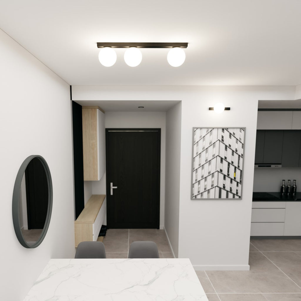 Plafondlamp gepoedercoat staal en glas Fit zwart met witte glazen kappen, 3 lichtpunten E14, 70 cm breed