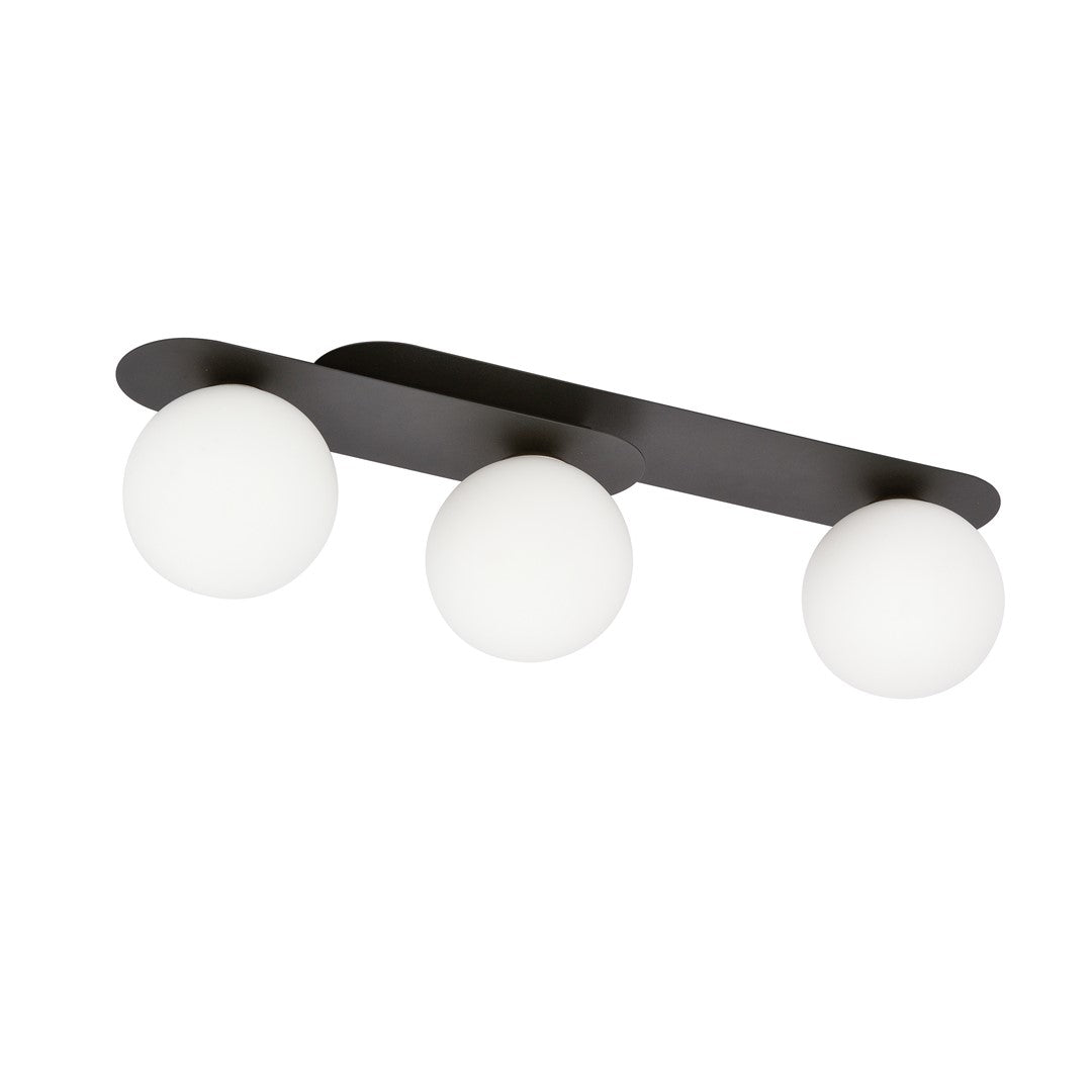 Plafondlamp Plaza gepoedercoat staal en glas, modern, zwart met witte glazen kappen, 3 lichts, 70 cm breed