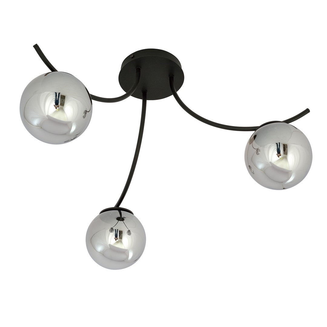 Plafondlamp gepoedercoat staal en glas Boston, zwart met grafiet kappen, 3 lichtpunten, 70 x 37 cm