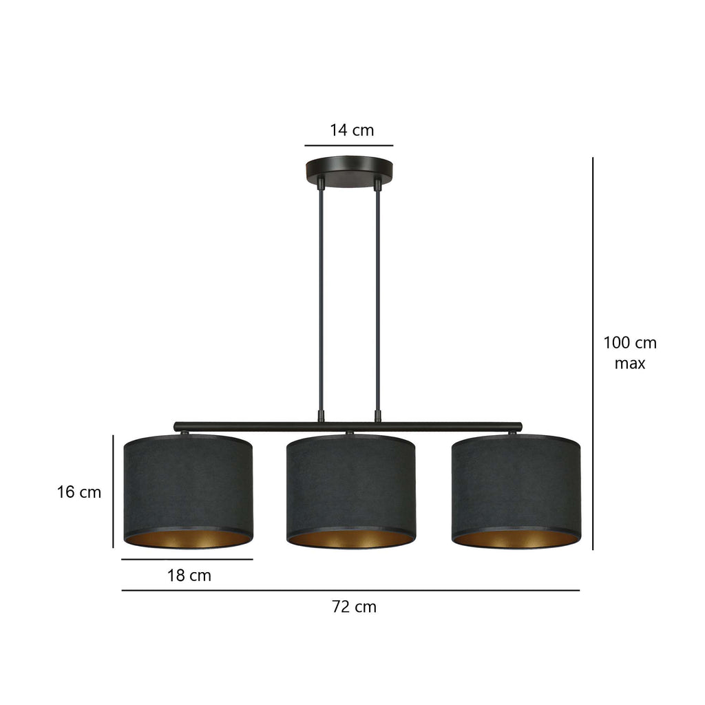 Hanglamp gepoedercoat staal en stof Hilde, zwart met gouden binnenkant, 3 kappen Ø 20 cm, minimalistisch, eetkamer