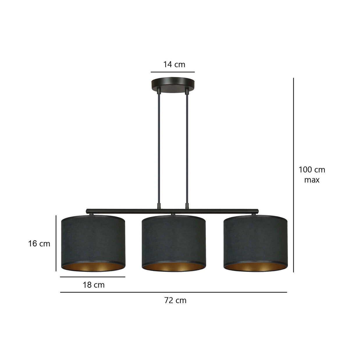 Hanglamp gepoedercoat staal en stof Hilde, zwart met gouden binnenkant, 3 kappen Ø 20 cm, minimalistisch, eetkamer