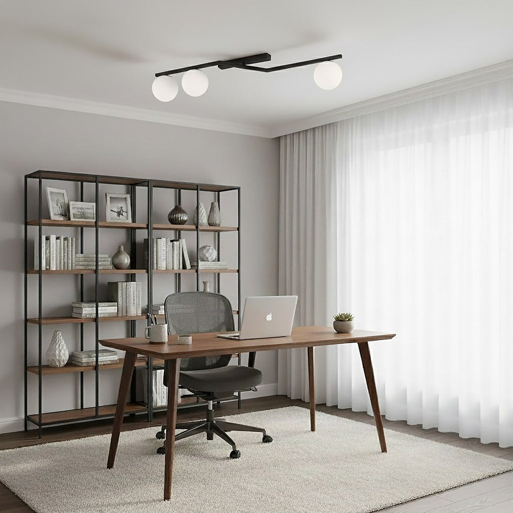 Plafondlamp gepoedercoat staal Naton modern zwart met 3 witte bolkappen, 100 x 32 x 20 cm, woonkamer, eetkamer en hal