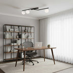 Plafondlamp gepoedercoat staal Naton modern zwart met 3 witte bolkappen, 100 x 32 x 20 cm, woonkamer, eetkamer en hal