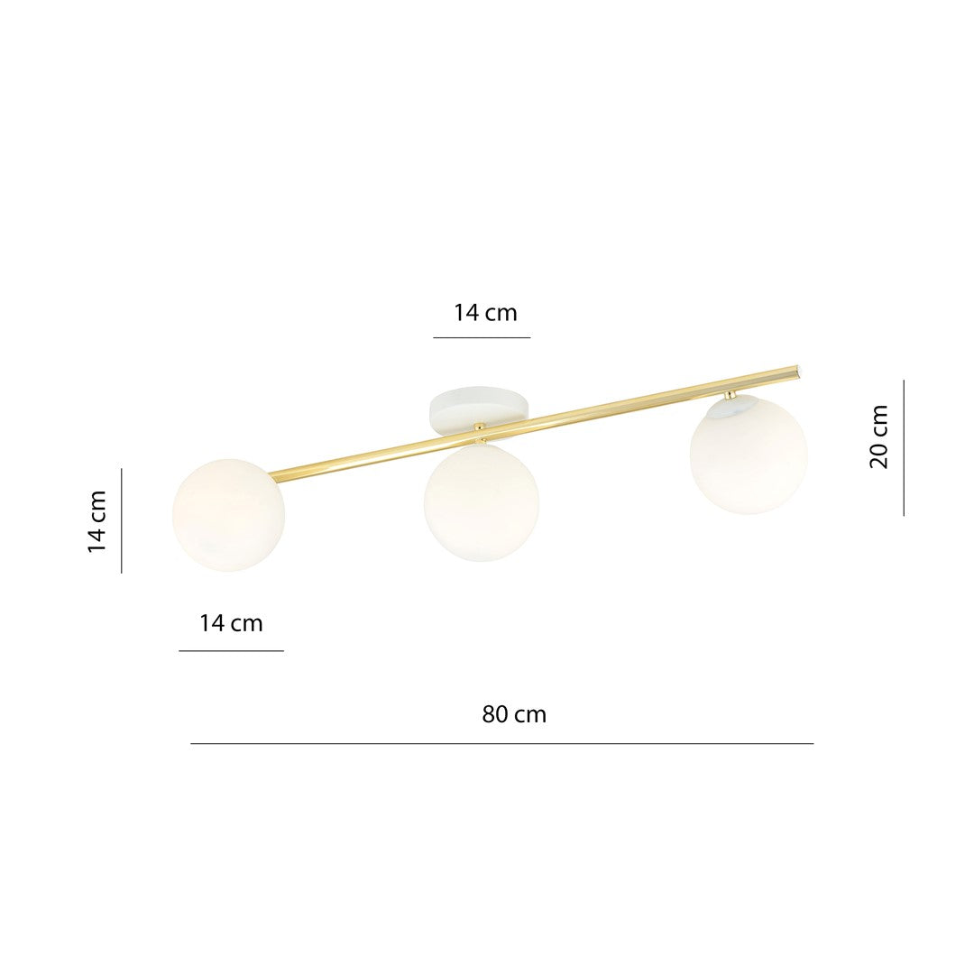 Plafondlamp gepoedercoat staal en glas Splendi, goud en wit, 3 lichtpunten, breedte 80 cm, voor woon-, slaap- of eetkamer