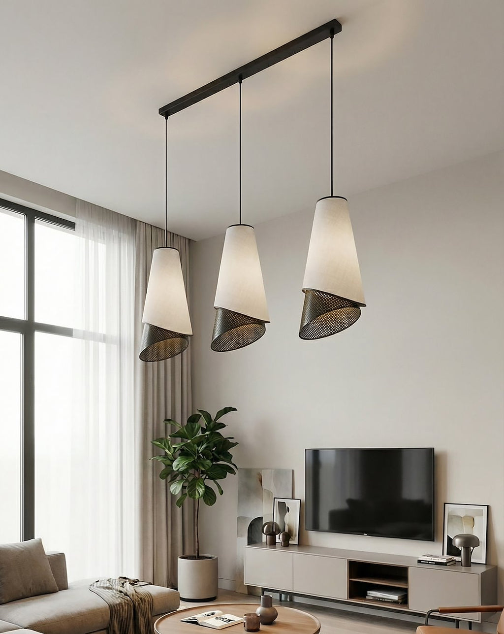 Hanglamp 3-lichts gepoedercoat staal en stof, modern, Moda, zwart en grijs, 95 cm breed, voor woonkamer en eethoek