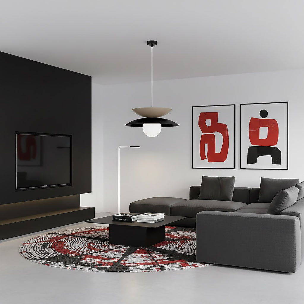 Hanglamp gepoedercoat staal en glas Nagoya, zwart en beige, Ø 41 cm, voor eettafel en slaapkamer