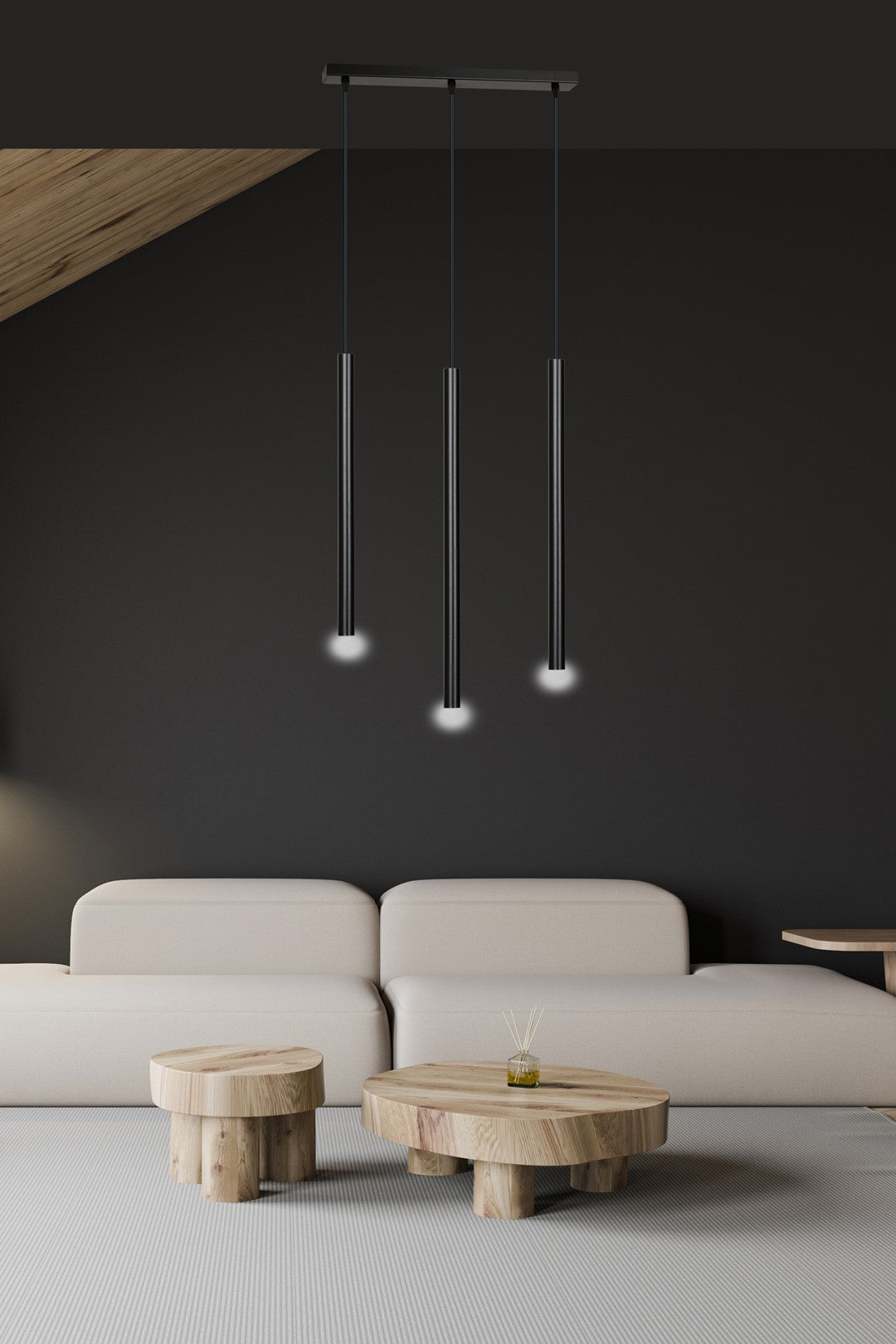 Hanglamp Selter 3 lichts gepoedercoat staal, minimalistisch, zwart, 45 x 120 cm, voor eetkamer of hal