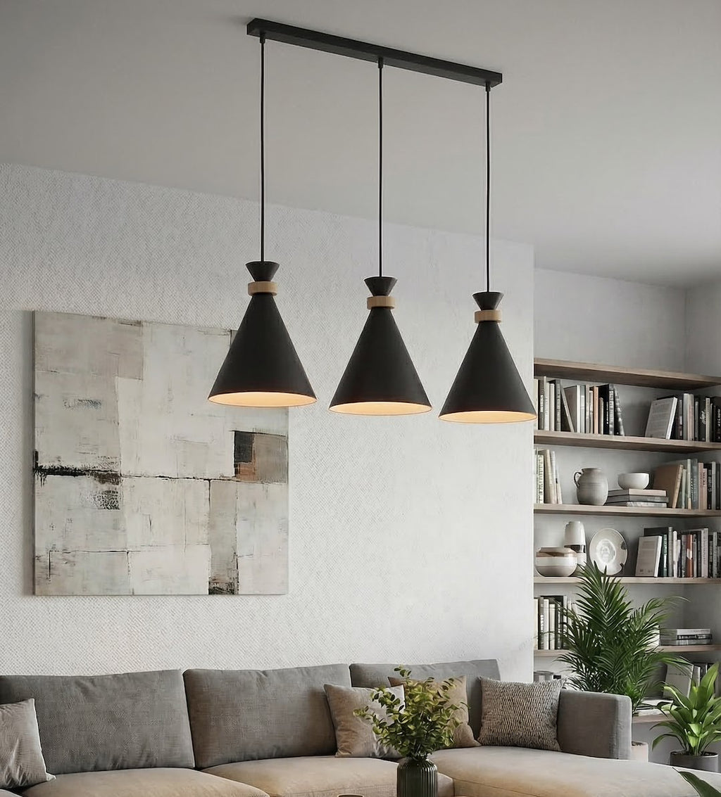 Hanglamp 3 lichts gepoedercoat staal en hout, Scandinavisch Zero, zwart, 78 cm, boven eettafel of keukeneiland