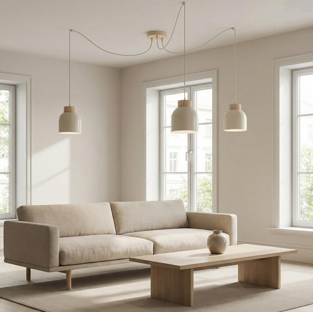 Hanglamp gepoedercoat staal en multiplex Scandinavisch Kru 3 beige, 3 fittingen E27, verstelbaar