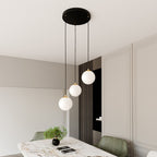 Hanglamp 3 lichts gepoedercoat staal en glas retro zwart met goud, witte glazen kappen Ø 14 cm