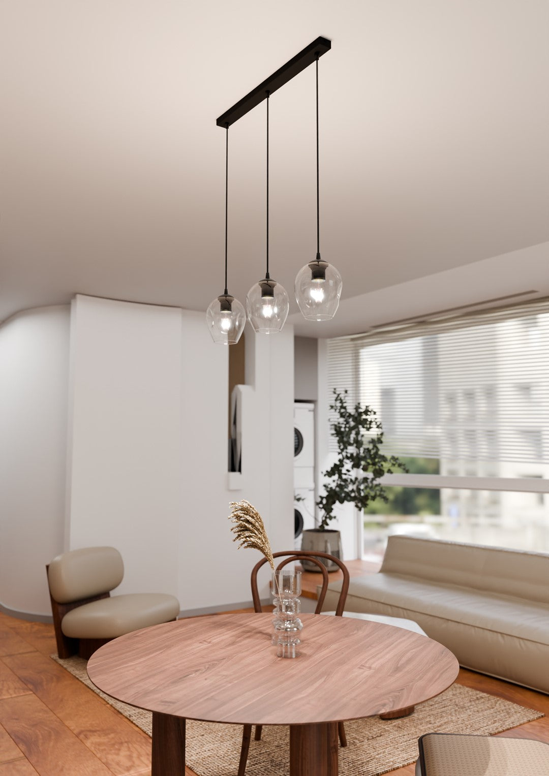 Hanglamp gepoedercoat staal en glas Istar, zwart met transparante kappen, 3 lichts, 70 x 100 cm