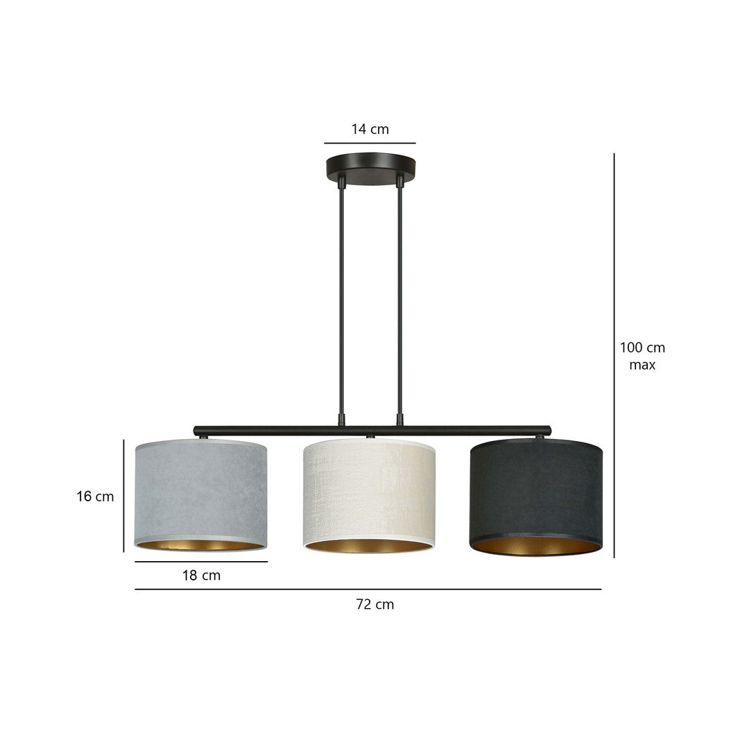 Hanglamp gepoedercoat staal en stof Hilde, zwart frame met zwarte, witte en grijze kap, 3 lichts, 72 cm breed