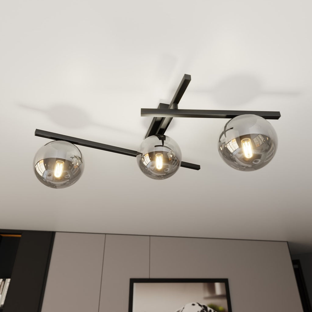 Plafondlamp staal en glas Smart 3 lichtpunten, modern, zwart met grafiet glazen kappen Ø 15 cm