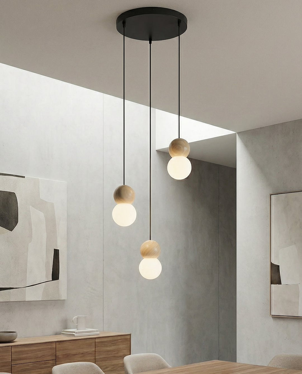 Hanglamp gepoedercoat staal en hout Loop, zwart met witte kap, 3 lichtpunten G9, Scandinavisch
