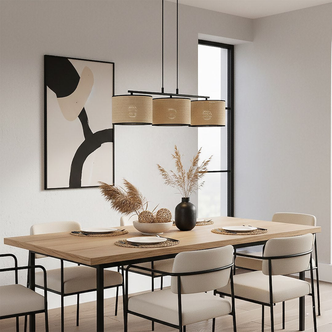 Hanglamp 3-lichts rotan gepoedercoat staal minimalistisch Eco zwart, kap Ø 20 cm – 70 cm breed, eettafel en kookeiland