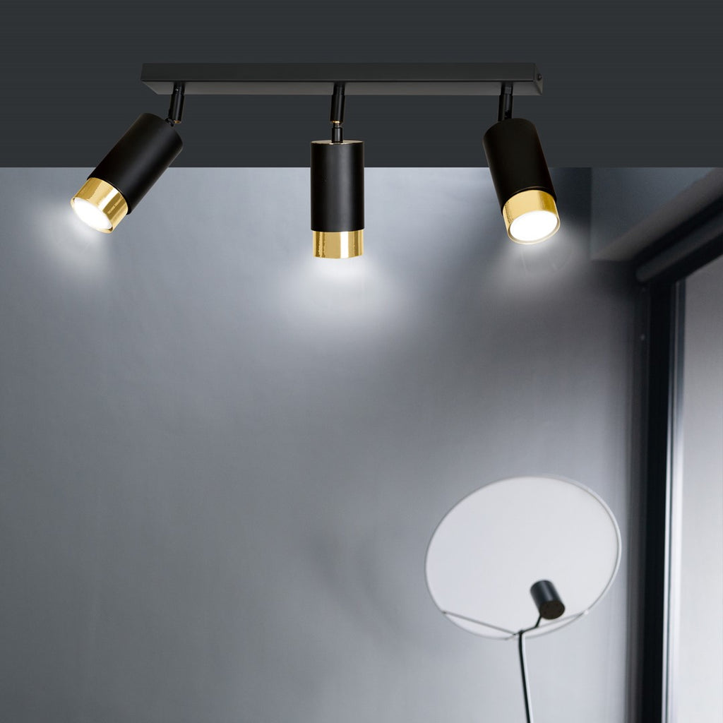 Plafondlamp gepoedercoat staal Hiro modern zwart goud 45 cm breed, 3 richtbare spots voor hal en keuken