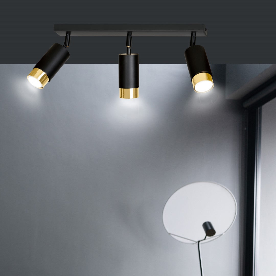 Plafondlamp gepoedercoat staal Hiro modern zwart goud 45 cm breed, 3 richtbare spots voor hal en keuken