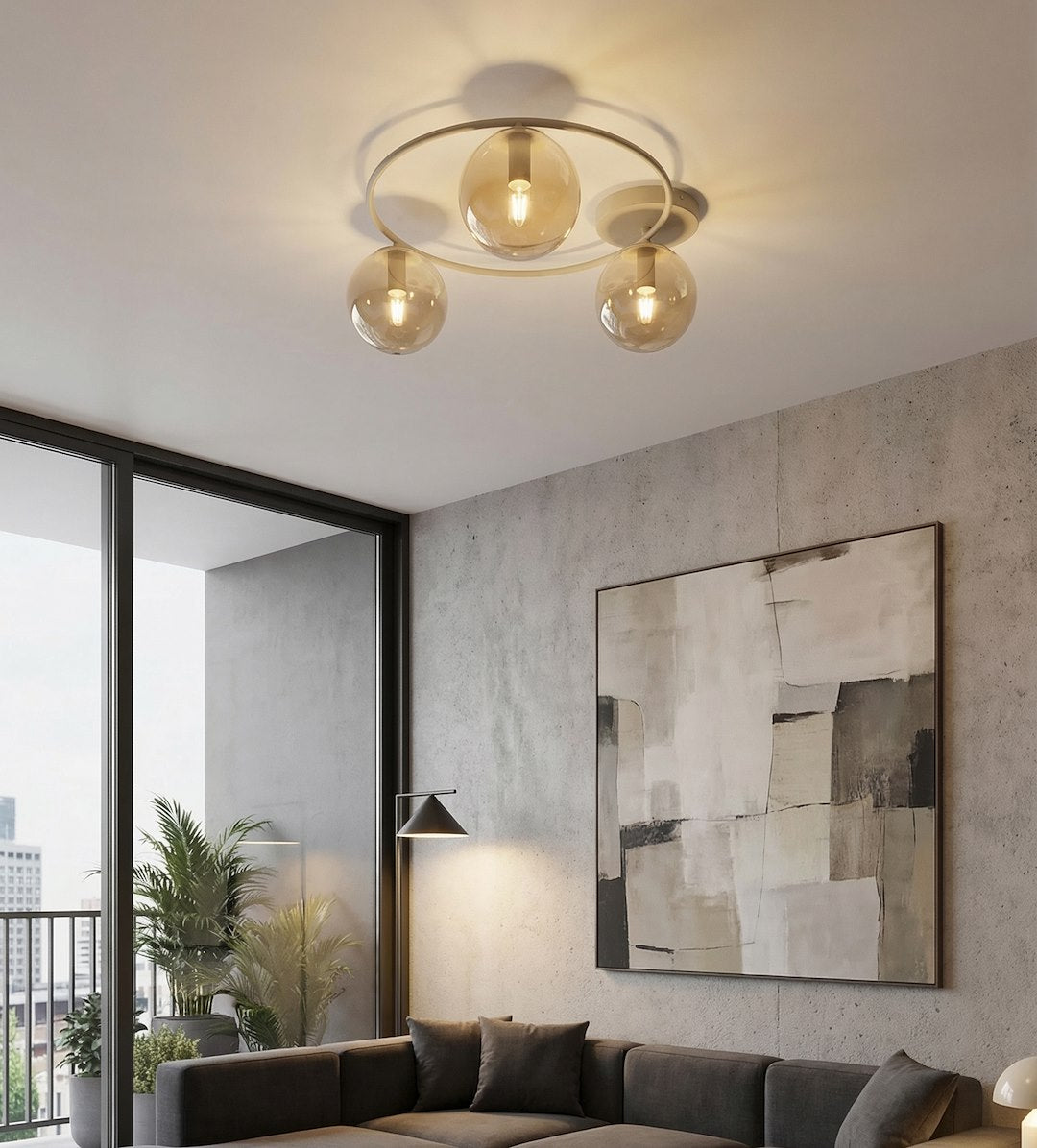 Plafondlamp gepoedercoat staal en glas Sopra, beige met amber glazen kappen, 3 lichtpunten, woonkamer, slaapkamer en hal