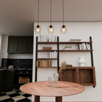 Hanglamp 3 lichts gepoedercoat staal en glas Istar, zwart met amber glazen kappen, verstelbaar, eettafel