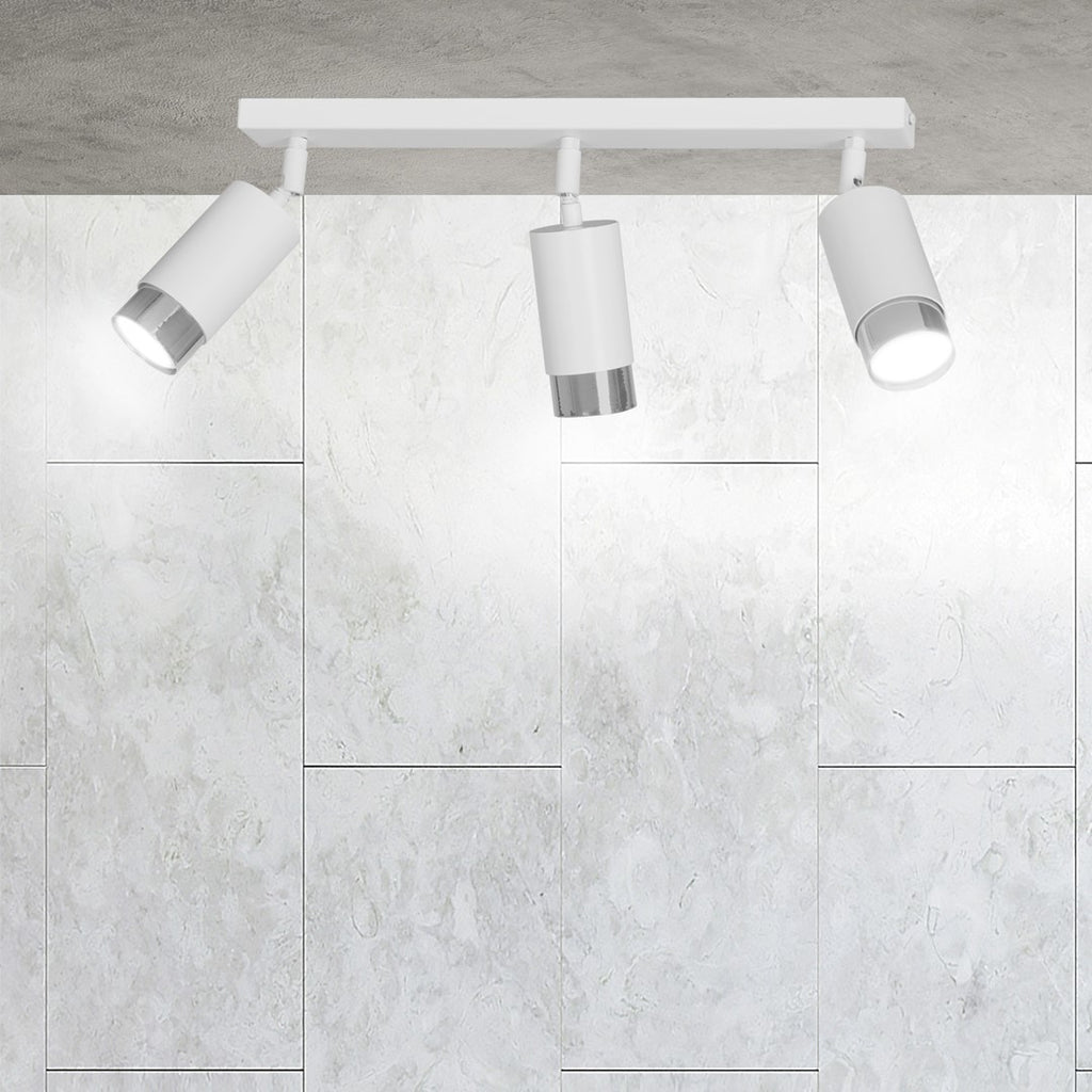 Plafondlamp 3 spots gepoedercoat staal, modern, Hiro wit met zilverkleurige accenten, 45 cm breed