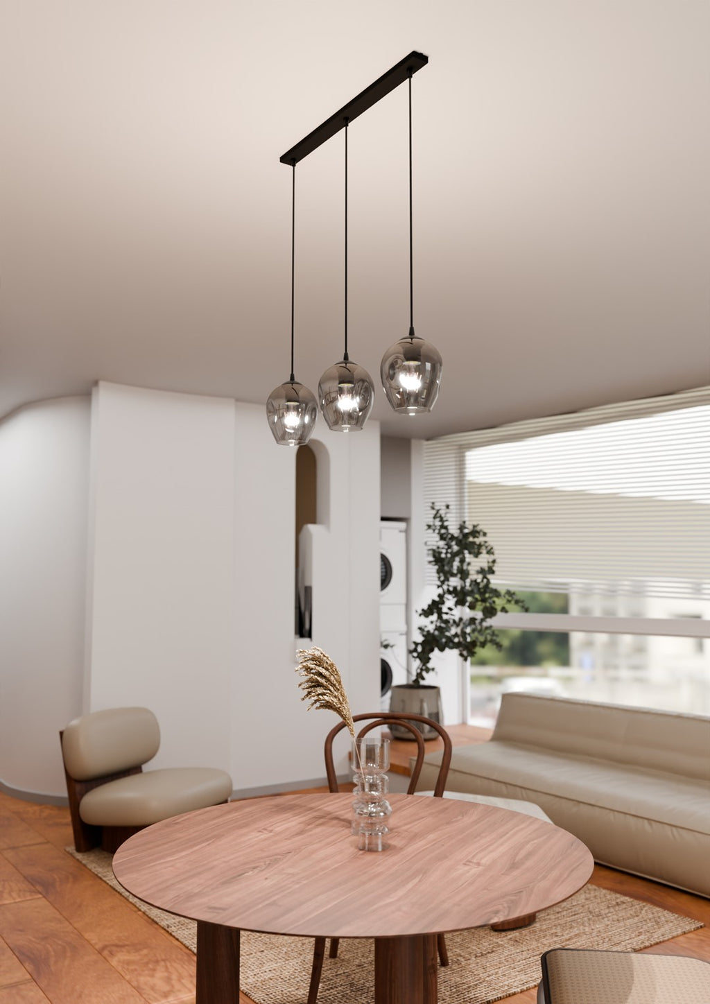 Hanglamp 3 lichts gepoedercoat staal en glas, modern Istar, zwart met grafiet kappen, 70 x 100 cm, E27
