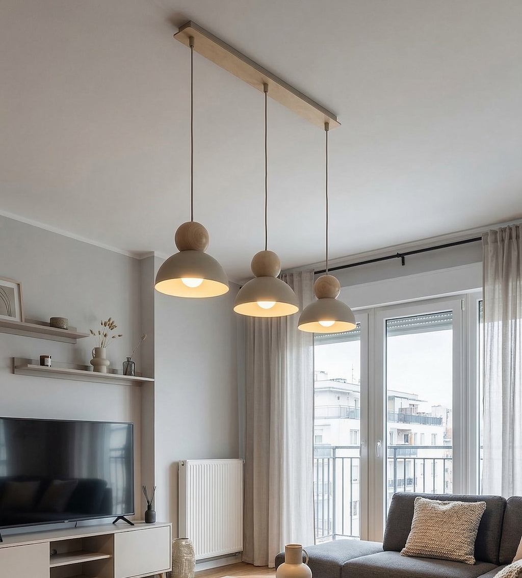 Hanglamp gepoedercoat staal en hout Kaki Scandinavisch beige 73 cm, 3 lichtpunten met E27-fitting
