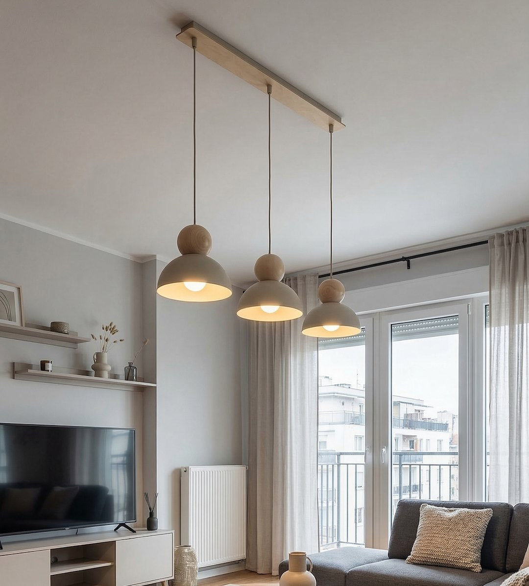 Hanglamp gepoedercoat staal en hout Kaki Scandinavisch beige 73 cm, 3 lichtpunten met E27-fitting