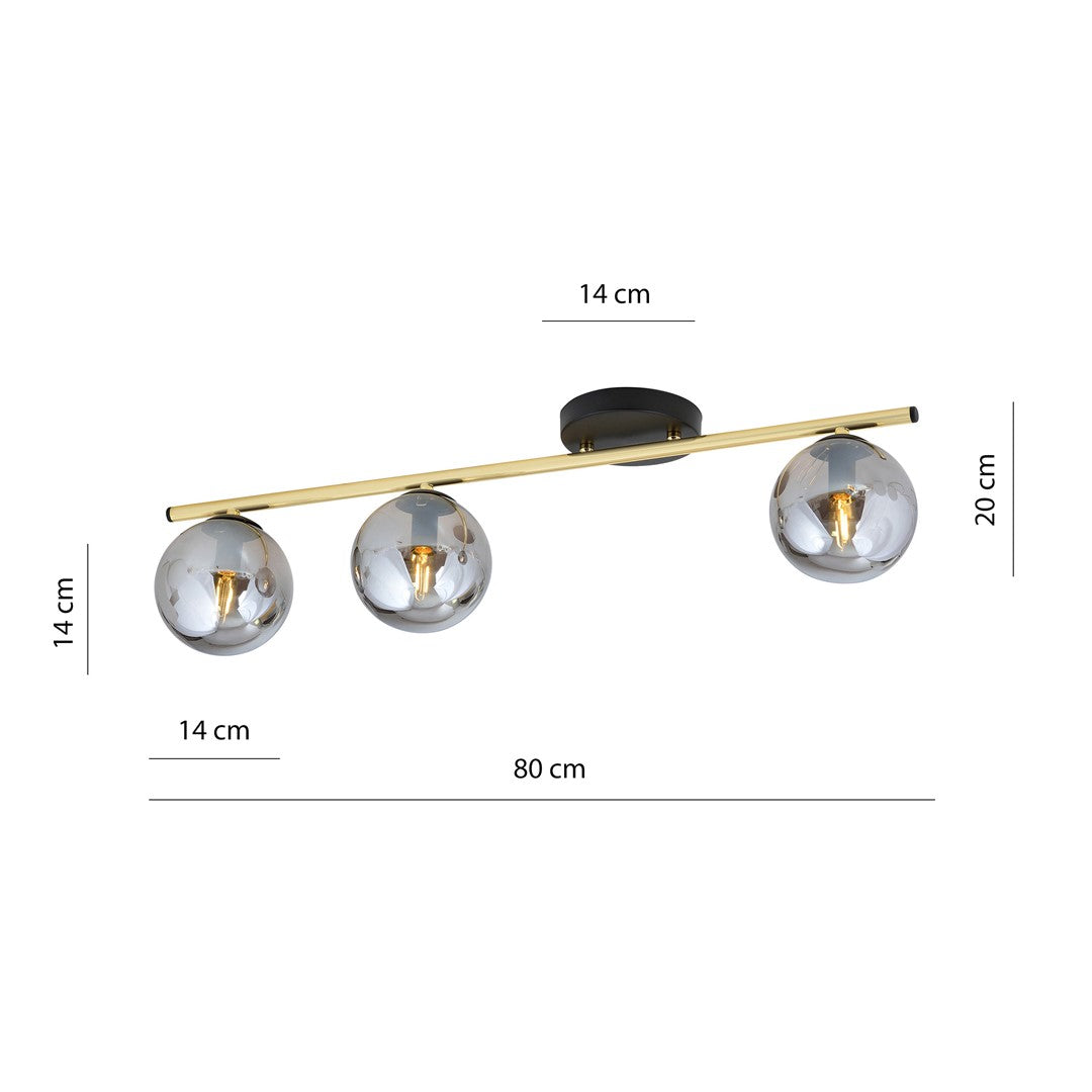 Plafondlamp staal en glas modern Monza zwart goud grafiet 80 x 20 cm, 3 fittingen E14